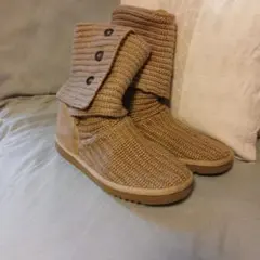 SALE★UGG ベージュ ニット スエード ボタン付ムートンブーツ★美品フリー