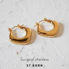 サージカルステンレス　スクエアフープピアス　キャッチレス　k18金ゴールドメッキ