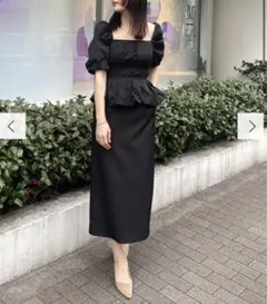 美品　ラグナムーン　LADYタックペプラムドレス　ネイビー　ドレス　ワンピ　結婚