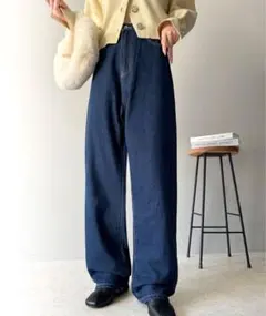 ゆったりハイウエストワイドストレートチノカラー＆無地デニムパンツ