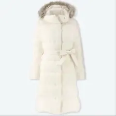 美品・訳あり　ユニクロ ライトウェイトダウンフーデットコートホワイト Lロングのサムネイル