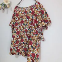 GLOBAL WORK【М】花柄 フリル袖 半袖シャツ ブラウス カットソーのサムネイル
