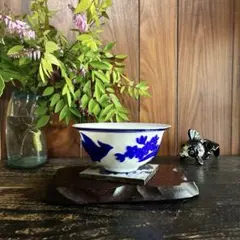 骨董　中国　清朝　乾隆ガラス　乳白色瑠璃被せ　カメオ彫　春蘭　鳳凰　反り口碗１客