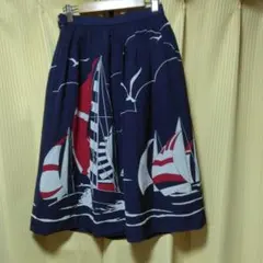 東京スタイル⭐ネイビー 帆船模様 フレアスカート ひざ丈