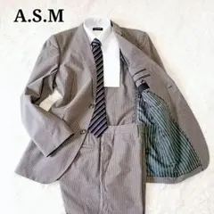 A.S.M グレー ストライプ XL 背抜き センターベント　 ビジネススーツ