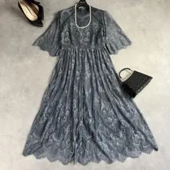 kana シアー素材 ボリューム袖 刺繍レース ワンピース パーティー M