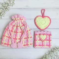 3点セット　ハートポーチ　チェックポーチ　ハンドメイド