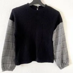 長袖トップス 黒 ブラック チェック柄 リブニット 袖チェック プルオーバー