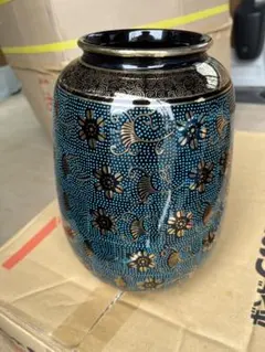 和モダン 九谷焼風 青粒 唐草紋 壺 花瓶 インテリア 高級感