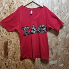 USA古着　ΣΔΘ レオパード柄 VネックTシャツ 赤　M