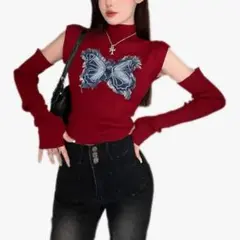 新品☘️ バタフライ デニム 蝶 ニット トップス アームカバー セット 韓国