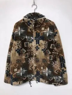 レトロ 古着 ノルディック柄 スタンドカラー ジップアップ フリースジャケット