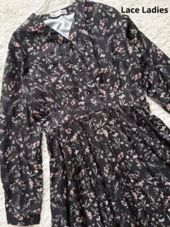 美品Lace Ladies花柄ロングワンピース 長袖 フレア 美シルエット