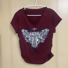 SHINE ROMWE Vネック Tシャツ クロスウィング柄 ボルドー Mサイズのサムネイル