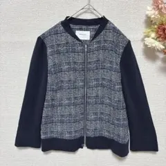 s.269【コムサウォーク】切り替えブルゾン ツイード カジュアル ネイビー L