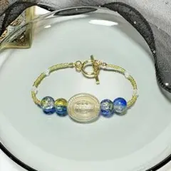 【ハンドメイド】ローズモチーフブレスレット ゴールド＆ブルー