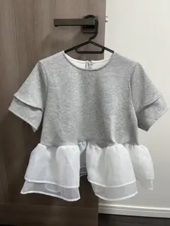 シアーフリル ティアード ペプラム ドッキングトップス 半袖 グレー