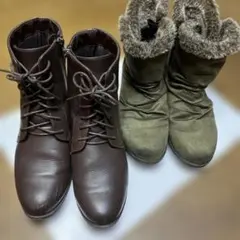 ショートブーツ2足セット　ファー付きオリーブグリーンスエードブーツ、編み上げ茶色