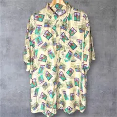 シルク100% 総柄 半袖シャツ XL 切手柄 ゴルフ柄 古着