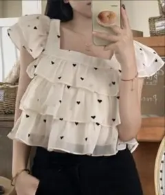 【美品】ハート柄 スクエアネックフリルブラウス GRL グレイル 韓国