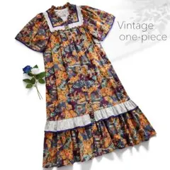 美品 ヴィンテージ マキシ丈ワンピース 総柄 小花柄 マルチカラー パープル 紫