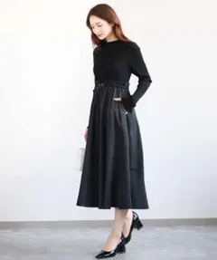 新品MKミッシェルクラン　ニット×タフタ タックギャザー切替えワンピース