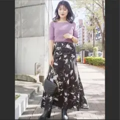 MERCURYDUO花柄スカート 黒 ウエストタックスカート ハイウエスト Ｍ