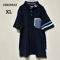 【セロニアス】CERONIASネイビー ポロシャツ ストライプ 袖付きXL