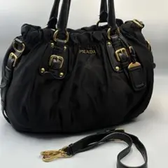 極美品】PRADA ゴーフル ギャザー ナイロン ハンドバッグ ブラック 