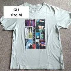 メンズ M GU フォトコラージュ プリント Tシャツ ライトグリーン夏服 半袖