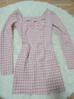 ピンク チェック柄 長袖ミニワンピース