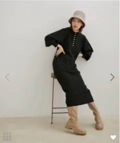 ViS 前後2WAY パール釦Iラインニットワンピース ブラック