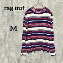 rag outリブ編み長袖セーター 赤・青・白ストライプ Mカジュアルレディース