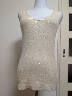 DONNA KARAN スパンコール装飾 ノースリーブニット ベージュ
