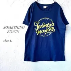 SOMETHING 半袖Tシャツ L ネイビー ビックプリント 丸首 1413のサムネイル