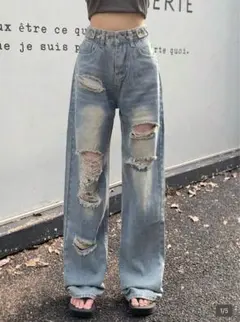 ウォッシュド ダメージワイドレッグジーンズ