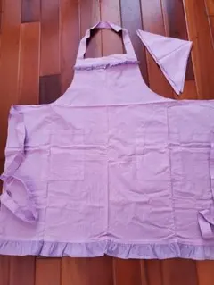 薄紫 水玉模様 エプロン 三角巾付き