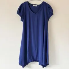 新品✳︎秋色ブルー GIVORS 半袖チュニック パフスリーブ 変形裾 体型カバー