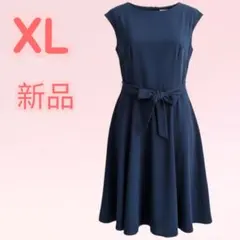 【新品✨】ネイビー　ノースリーブ膝丈ワンピース　フォーマル　XL ウエストリボン