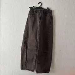 ブラウン デニム ワイドレッグパンツ
