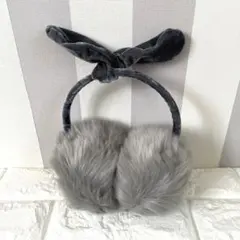 【ふわふわ】イヤーマフ 耳あて グレー うさ耳 リボン 防寒 可愛い