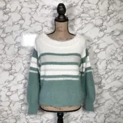 THE SHOP TK　（M）　ふわふわボーダーニットセーター　白グリーン