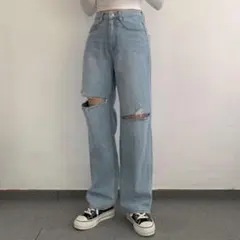 sona boogieshop ダメージハイウエストワイドデニムパンツ ブルーのサムネイル