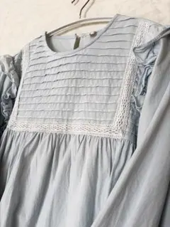 ピンタック レース ブラウス ライトブルー