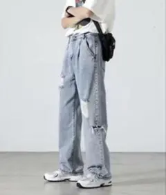 NEW GENTLEMAN ダメージ ケミカル タック セミワイド デニムパンツ