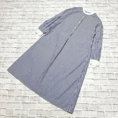 美品 グリーンレーベルリラクシング バンドカラーシャツワンピース 青ストライプ