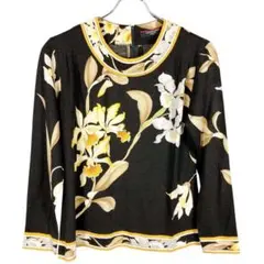 マカ99 超美品 レオナール 長袖トップス ブラック 花柄 シルク混 Mサイズ
