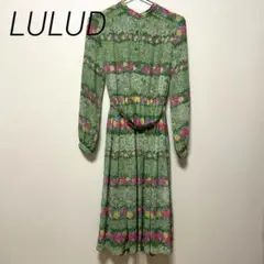 長袖ワンピース 緑色 レトロ ベルト付きLULUD 花柄