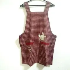 最終！【新品】ウサギ刺繍 赤い チェック エプロン キッチン キッズ 子供