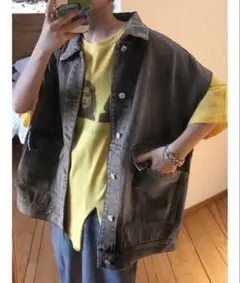 グレー デニムベスト ノースリーブ